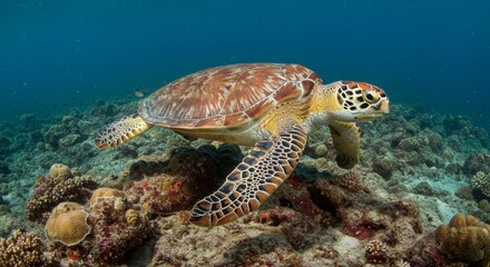 Magnificent sea turtle gracefully swimming in the ocean depths near coral reefs