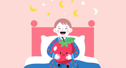 Fototapeta premium Sweet Dreams: Child Embracing Giant Tomato Dreaming Under Celestial Canopy