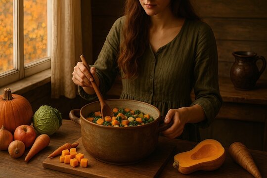A woman stirs a pot of hearty vegetable soup in a rustic kitchen surrounded by autumn produce. Generated AI.