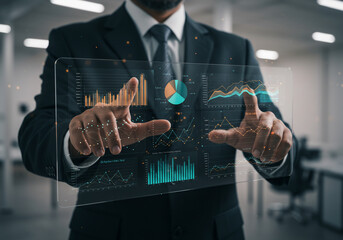 Businessman in a suit interacts with a transparent holographic display showing financial data charts and graphs in a modern office setting.