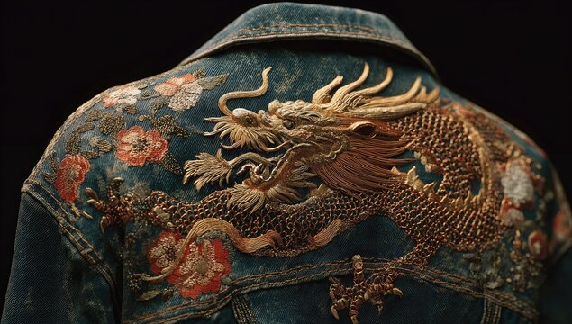 Embroidered denim jacket back, ornate dragon