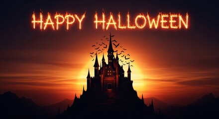Naklejka premium A halloween castle silhouette glowing with happy text at sunset for spooky scary decoration 