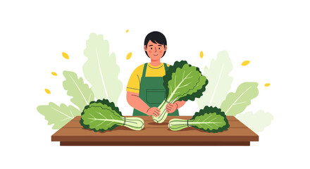 Smiling Person Holding Fresh Bok Choy Vegetables On Wooden Table Flat Illustration