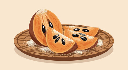 Sweet Sapodilla Fruit Slices Arranged Tastefully On Wooden Plate with Powdered Sugar.