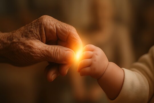 An elderly hand and a baby&rsquo;s hand touch gently, glowing with warm symbolic light. Generated AI.