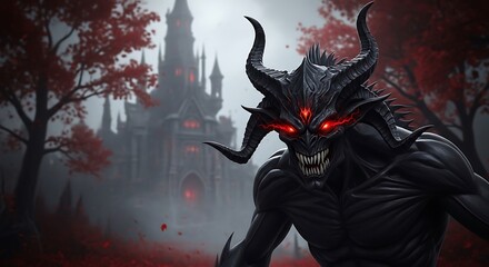 Dark Demonic Creature in Front of a Gothic Castle.