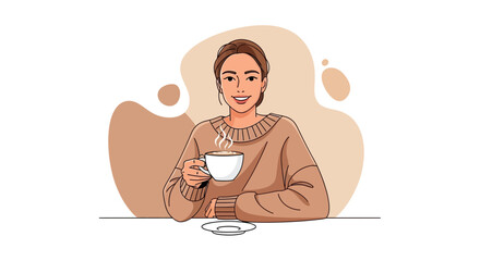 Smiling Woman Enjoying Hot Drink and Resting, Perfect Illustration for Coffee Lovers