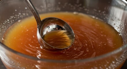 Close-up of a ladle scooping golden liquid into a glass bowl, emphasizing the fluid's viscosity and clarity and the reflective properties of the ladle