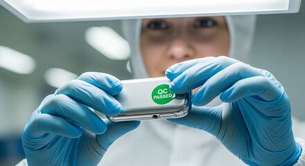 A lab technician is inspecting a device with QC PASSED displayed. A careful examination of a device is taking place by wearing protective clothing