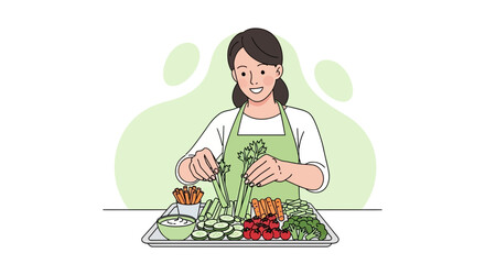 Smiling Woman Prepares Fresh Vegetables, Setting Up A Beautiful Vegetarian Appetizer