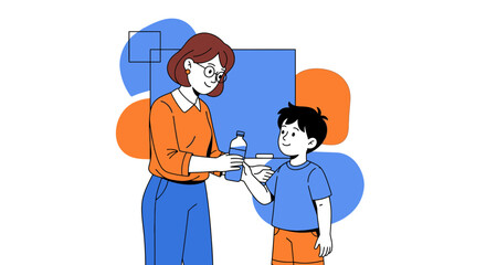 Teacher Giving Water Bottle to Student, Illustrative Depiction of Care and School Health