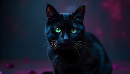 Captivating black cat with striking green eyes gazes intently, exuding mystery and elegance in soft lighting