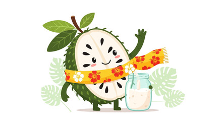 Fototapeta premium Soursop Character Greeting, Tropical Beverage Illustration, Cheerful Cartoon Design