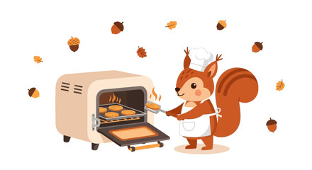 Squirrel Baker Delightfully Removing Cookies From Oven In A Whimsical Autumn Setting