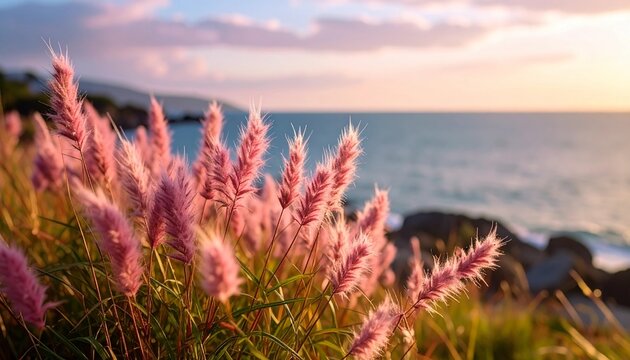  beautiful and tranquil scene of pink foxtail grass swaying gently on a rocky coast, set against a stunning sunset over the ocean. The soft, warm light and serene landscape