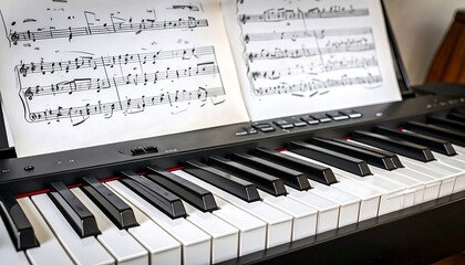 Piano keyboard with sheet music