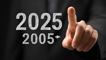 A hand in a suit points to the year 2025, with an arrow leading from 2005