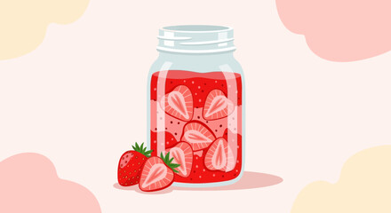 Strawberry Preserves In A Glass Jar With Fresh Strawberries, Sweet Breakfast