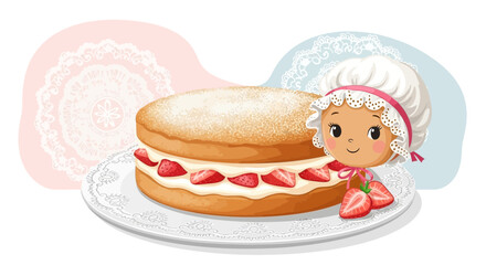 Strawberry Shortcake Delight Featuring a Charming Cartoon Pastry Chef Character