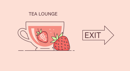 Strawberry Tea Lounge: Refreshing Drink and Exit Sign for Tea House Illustration