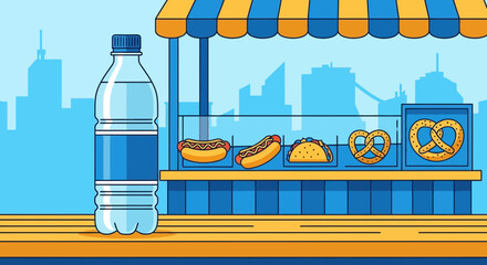 Street Food Vendor Near Office Buildings With Water Bottle and Fast Food Delicacies