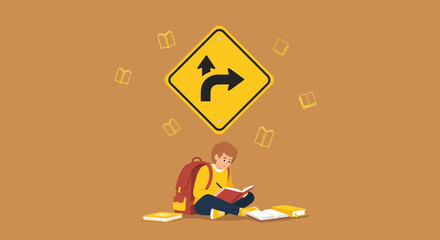 Student Contemplating Future Paths While Surrounded By Books And A Road Sign Symbol