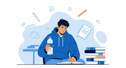 Student Concentrating On His Studies While Having A Bottle Of Water And Books Nearby