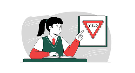 Student Explaining Road Sign, Presenting Traffic Education, Classroom Scenario Illustration