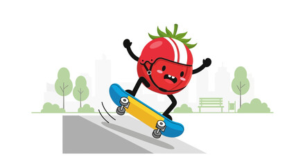 Tomato Character Skateboarding, Having Urban Adventure, in a Whimsical And Fun Illustration