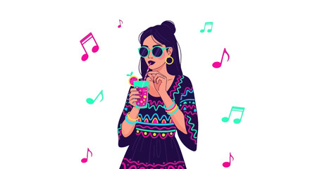 Stylish Celebration with Vibrant Music Notes and a Refreshing Cocktail in Hand