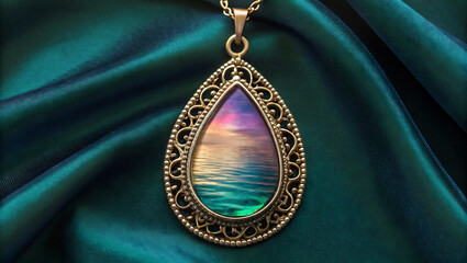 Elegant gold filigree locket capturing a colorful seascape at dusk on a luxurious satin cloth, a magical world within a teardrop pendant