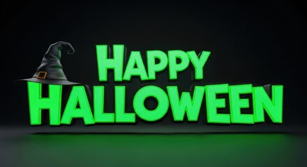 A bright green happy halloween text glowing for spooky horror decoration and party theme
