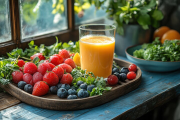 Plate of various fruits next to a glass of orange juice.