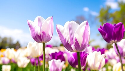 Vibrant tulips in shades of white and purple, showcasing a beautiful spring day.