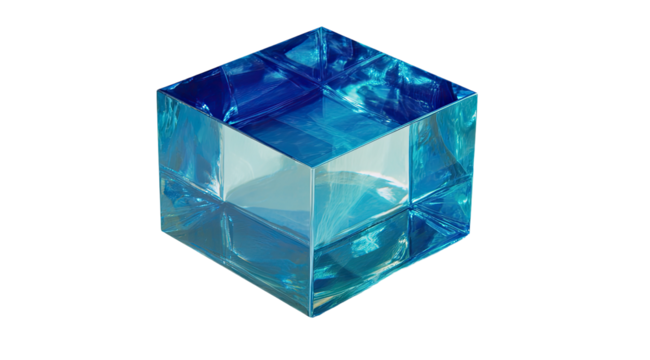 Translucent blue cube,  faceted edges,  glass-like,  3D,  abstract - Powered by Adobe
