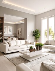 A bright and airy modern living room, featuring a stylish white sofa and coffee table, creates a tranquil and welcoming atmosphere.