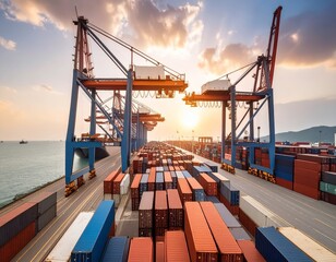 Shipping containers stacked at busy seaport terminal with cranes loading cargo