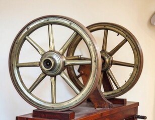 Two antique, ornate wooden wheels with brass-toned spokes, resting on a dark wooden stand, display intricate craftsmanship and historical significance.