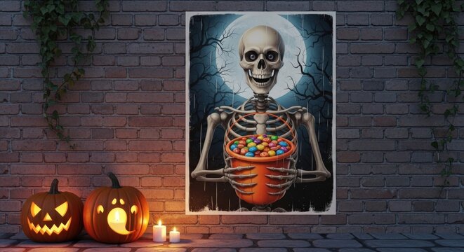 A scary skeleton standing with pumpkin lanterns for halloween spooky horror night decoration
