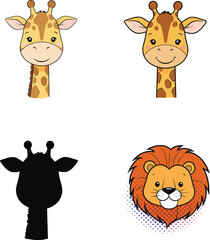Cute cartoon giraffe and lion faces, animal head illustrations, zoo character icons, wild animal drawings, kids vector safari clipart