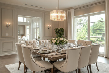 Table set with elegant dinnerware, surrounded by chairs in a dining room.