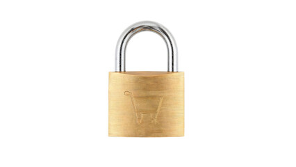 Golden padlock with shopping cart symbol isolated on the transparent background representing secure online purchases and ecommerce safety