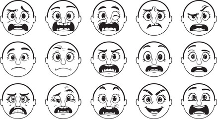 Funny cartoon face expressions set – emoji illustration, comic faces, emotional cartoon icons, kids smile drawing, laugh cry sketch, cartoon character face, silly face pack, mood expressions, happy sa
