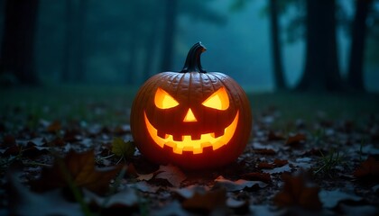 Spooky carved pumpkin glows eerily in dark forest setting surrounded by fallen autumn leaves