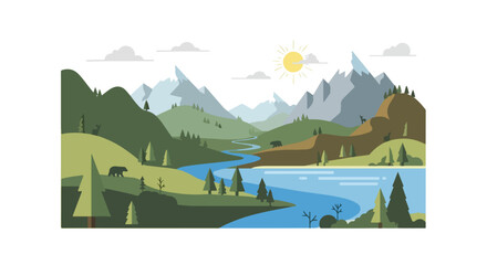 Geometric landscape illustration featuring mountain range and meandering river with forest scenes of wildlife and bright sun