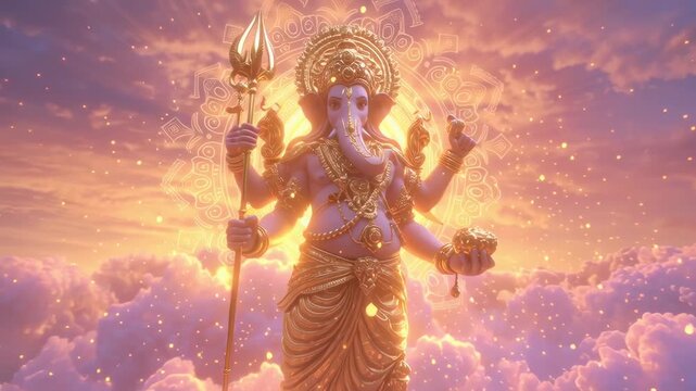Lord Vishnu Glowing with Cosmic Aura in Golden Clouds