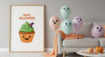 A halloween group of cute ghost balloons floating with happy text for fun spooky party
