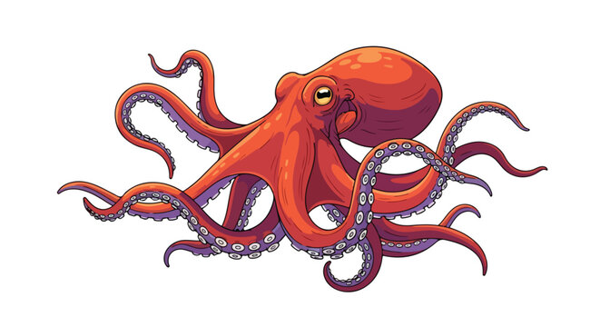 Vibrant cephalopod cartoon illustration: A detailed depiction of a playful octopus for creative designs