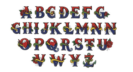 Elaborate alphabet with ribbon accents showcasing a fusion of art and typography  suitable for crafting design elements and textual compositions