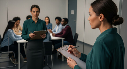 Business women leading meeting, with a focused and productive atmosphere. There's a diverse group of people, collaborative and strategic in a formal workplace. 